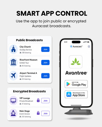 Aura C Auracast USB-C Receiver for Phones, joins public and encrypted Auracast broadcasts using the avantree companion app.