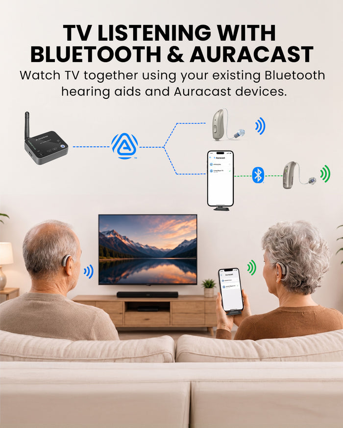 Aura C BYOD Auracast Receiver for Phones, ideal for TV, churches, conferences, and venues. Join Auracast audio using Bluetooth hearing aids and Auracast devices.