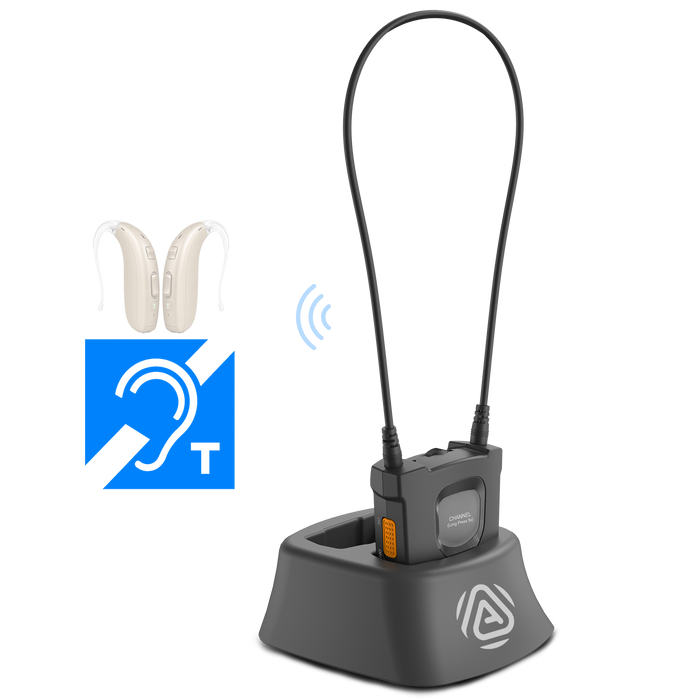 AuraCoil Auracast Receiver with Neckloop for T-Coil hearing aids, ideal for churches, theaters, museums, senior centers, tours, and public listening.