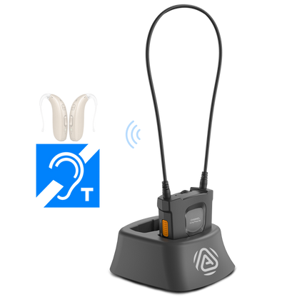 AuraCoil Auracast Receiver with Neckloop for T-Coil hearing aids, ideal for churches, theaters, museums, senior centers, tours, and public listening.