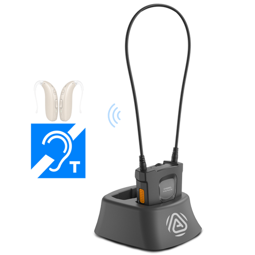 AuraCoil Auracast Receiver with Neckloop for T-Coil hearing aids, ideal for churches, theaters, museums, senior centers, tours, and public listening.