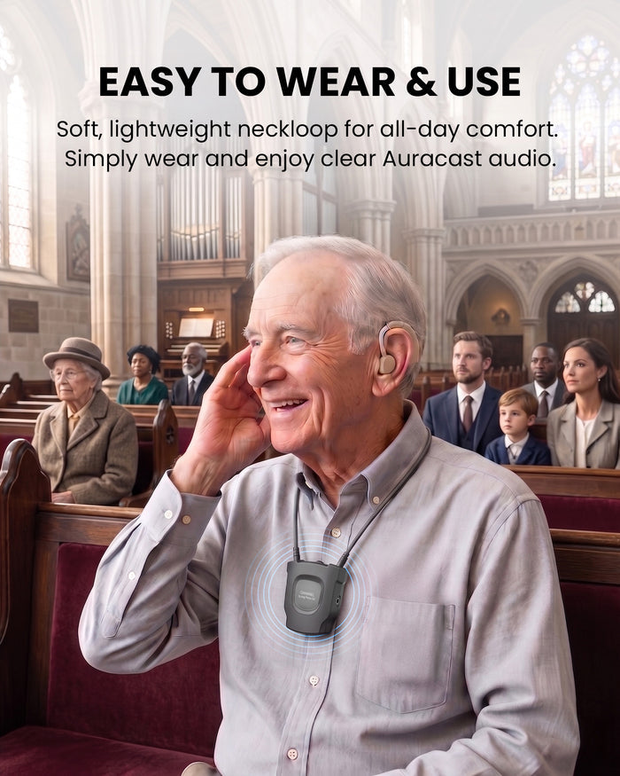 AuraCoil Auracast Receiver with Built-in T-Coil Neckloop for Hearing Aids for church,  soft and lightweight neckloop