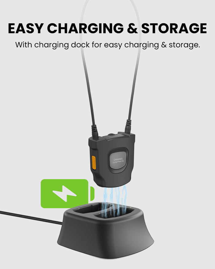 AuraCoil Auracast Receiver with Built-in T-Coil Neckloop for Hearing Aids, up to 20-hour battery, easy charging with charging dock