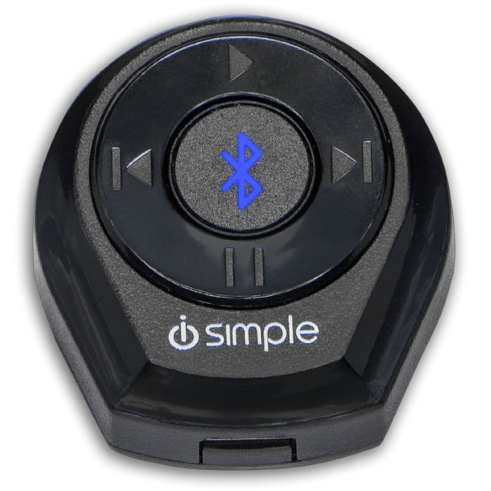 Black circular Bluetooth media remote control with playback buttons