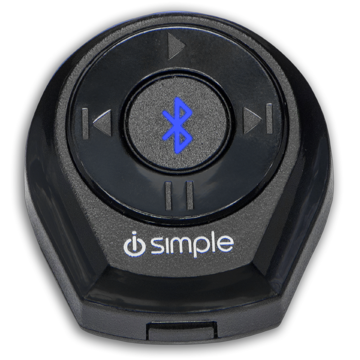 Black circular iSimple Bluetooth media remote with playback control buttons