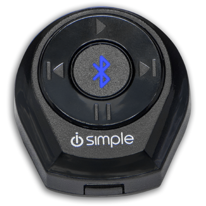 Black circular iSimple Bluetooth media remote with playback control buttons