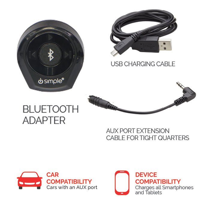 Bluetooth adapter with USB charging cable and aux extension cable plus car and device compatibility icons