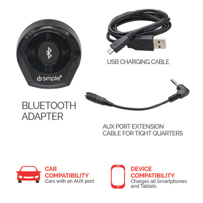 Bluetooth adapter with USB charging cable and aux extension cable plus car and device compatibility icons