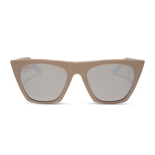 diff eyewear featuring the avril cat eye oversized sunglasses with a almond brown frame and silver flash lenses front view