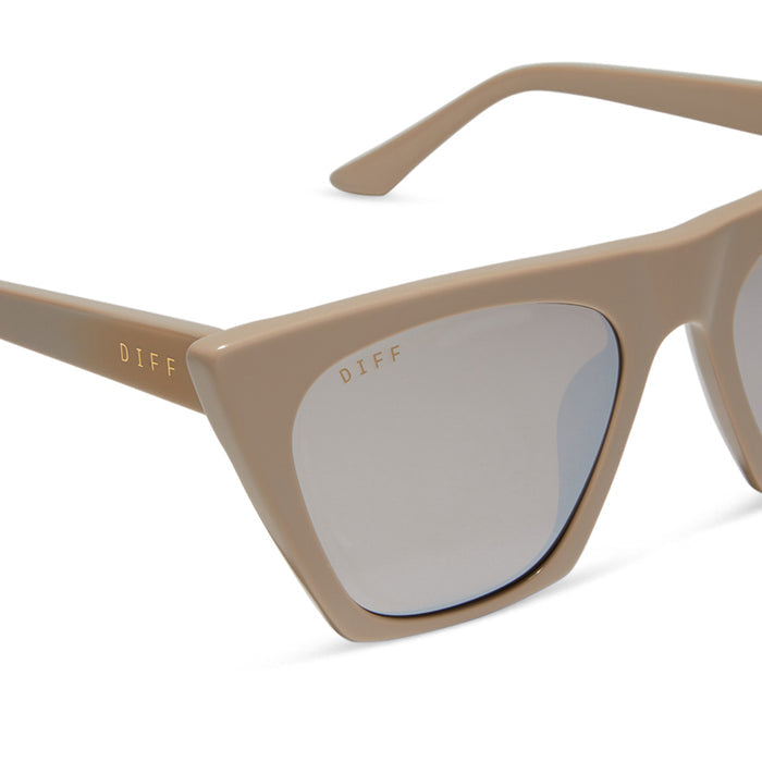 diff eyewear featuring the avril cat eye oversized sunglasses with a almond brown frame and silver flash lenses detailed view