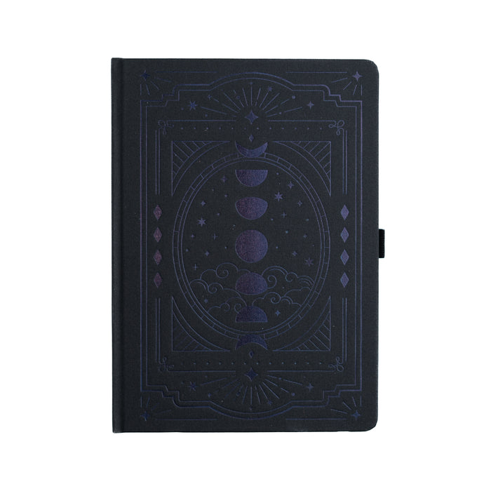 Black notebook with celestial design on a white background