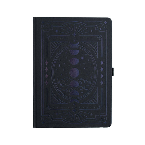Black notebook with celestial design on a white background