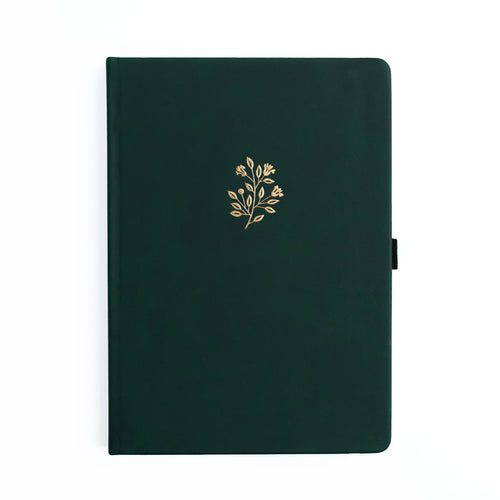 Dark green notebook with a gold floral design on a white background