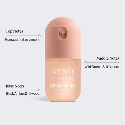 KITSCH Amber Shores Mini Hair Perfume infographic — blush 20 mL (0.67 fl oz) spray bottle with scent notes: Top: Kumquat & Italian Lemon; Middle: Wild Orchid & Salt Accord; Base: Black Amber & Driftwood