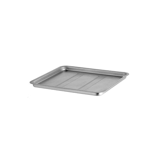 Das Unold Backblech für OFEN Mini 68825 ist ein schlichtes, rechteckiges Backblech aus Metall mit hochgezogenem Rand, das auf weißem Untergrund abgebildet ist.