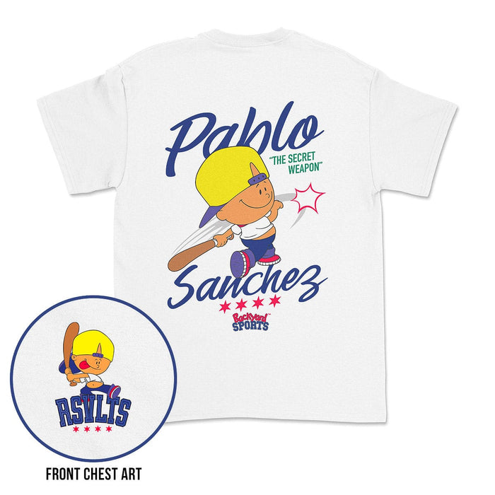 RSVLTS x Backyard Sports white t-shirt with cartoon character and text on a white background