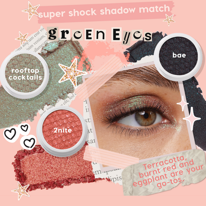 Rooftop Cocktails ColourPop Super Shock Shadow shimmers in iridescent mint green, shown swatched and on a close-up eyelid; collage includes companion shades 2nite (terracotta) and bae (eggplant) for green eyes.