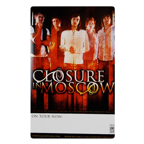 Closure In Moscow poster with six people in a row over the band name, set against a dark reddish-orange background. "On Tour Now" and website links below. Protect your new Closure In Moscow poster—add a poster tube!.