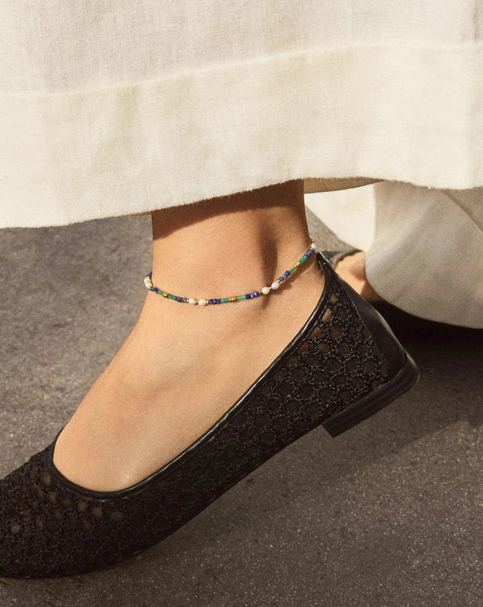 Beaded Gemstone & Pearl Anklet | 18k Gold Plated/Lagoon Blue Anklets Missoma