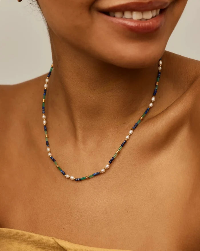 Beaded Gemstone & Pearl Short Necklace | 18k Gold Plated/Lagoon Blue Necklaces Missoma