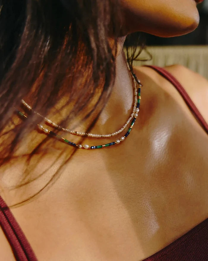 Beaded Gemstone & Pearl Short Necklace | 18k Gold Plated/Lagoon Blue Necklaces Missoma