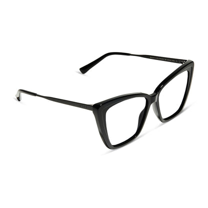 diff eyewear featuring the becky ii cat eye blue light technology glasses with a black frame angled view