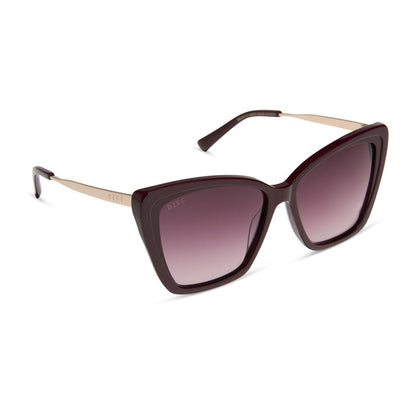 diff eyewear featuring the becky ii cateye sunglasses with a dark cherry lacquer frame and dark cherry gradient polarized lenses angled view