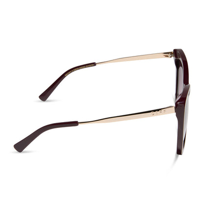 diff eyewear featuring the becky ii cateye sunglasses with a dark cherry lacquer frame and dark cherry gradient polarized lenses side view