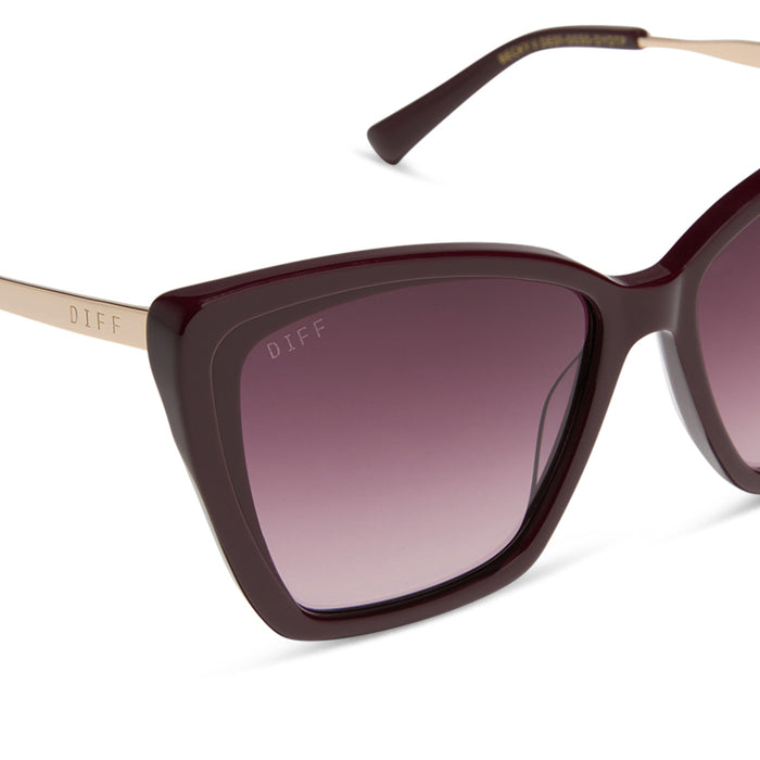 diff eyewear featuring the becky ii cateye sunglasses with a dark cherry lacquer frame and dark cherry gradient polarized lenses detailed view