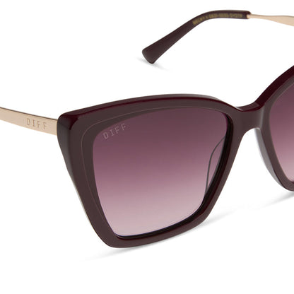 diff eyewear featuring the becky ii cateye sunglasses with a dark cherry lacquer frame and dark cherry gradient polarized lenses detailed view