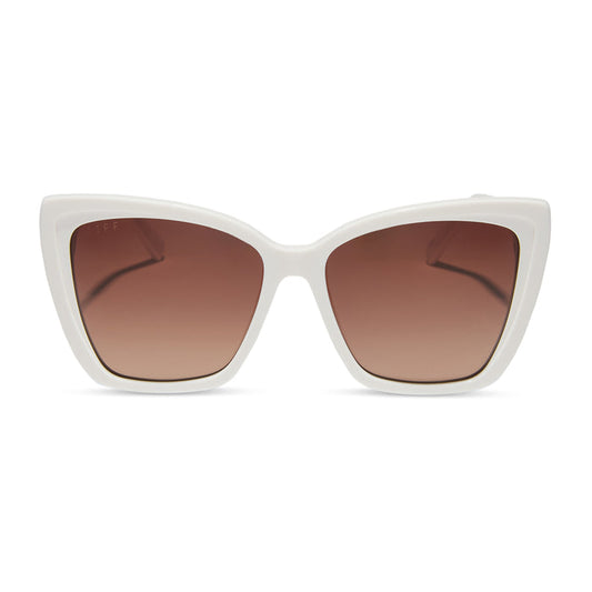 diff eyewear featuring the becky ii cat eye sunglasses with a snowbound white frame and brown gradient lenses front view