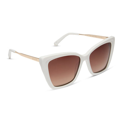 diff eyewear featuring the becky ii cat eye sunglasses with a snowbound white frame and brown gradient lenses angled view