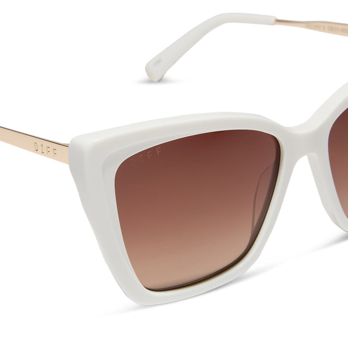 diff eyewear featuring the becky ii cat eye sunglasses with a snowbound white frame and brown gradient lenses detailed view