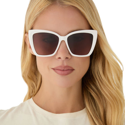 on model - blonde female wearing diff eyewear featuring the becky ii cat eye sunglasses with a snowbound white frame and brown gradient lenses front view