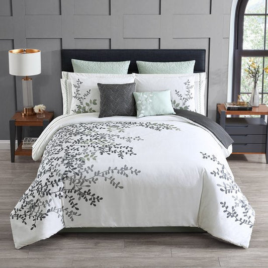 Bedding Set, 14 Piece Bed-in-a-Bag Set, King, Sage, Vine Print with Embroidery, Polyfil - Eco Trade Company