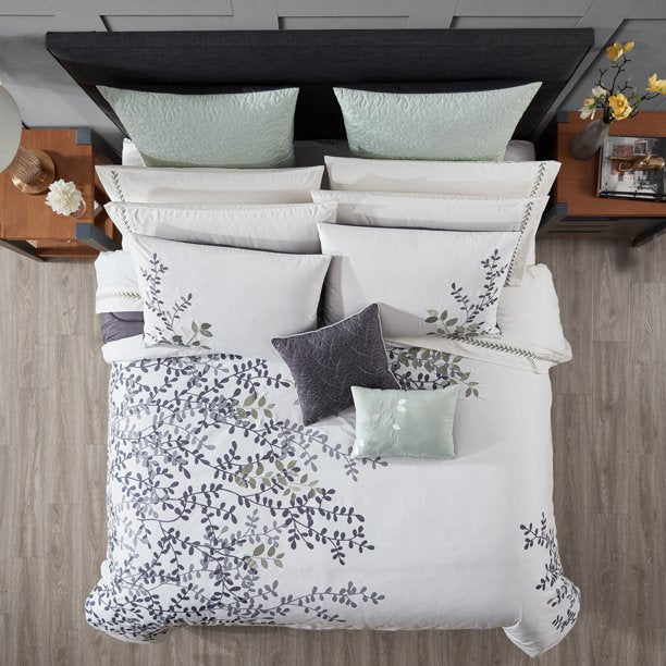Bedding Set, 14 Piece Bed-in-a-Bag Set, King, Sage, Vine Print with Embroidery, Polyfil - Eco Trade Company