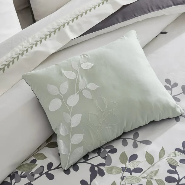 Bedding Set, 14 Piece Bed-in-a-Bag Set, King, Sage, Vine Print with Embroidery, Polyfil - Eco Trade Company