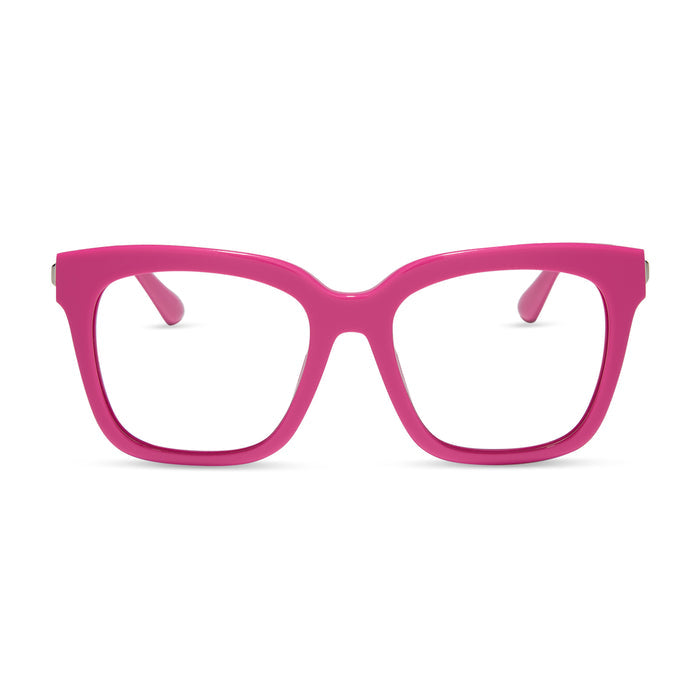 diff eyewear featuring the bella square blue light glasses with a bright pink frame front view