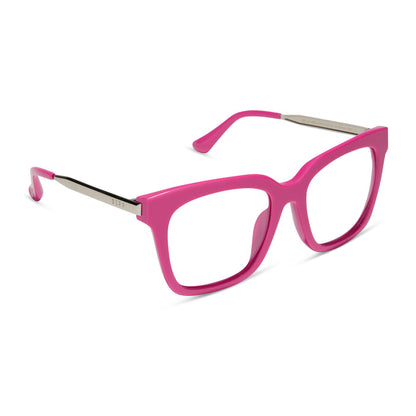 diff eyewear featuring the bella square blue light glasses with a bright pink frame angled view