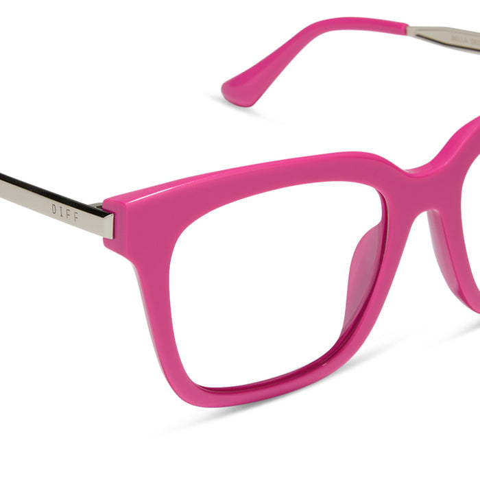 diff eyewear featuring the bella square blue light glasses with a bright pink frame detailed view