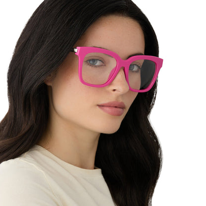 on model - female wearing diff eyewear featuring the bella square prescription glasses with a bright pink frame angled view