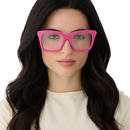 on model - female wearing diff eyewear featuring the bella square prescription glasses with a bright pink frame front view