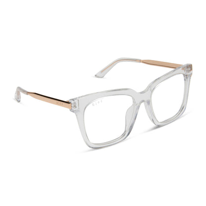diff eyewear featuring the bella square prescription glasses with a clear crystal with gold frame angled view