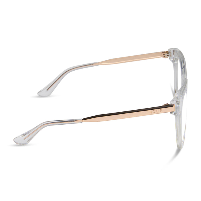 diff eyewear featuring the bella square prescription glasses with a clear crystal with gold frame side view