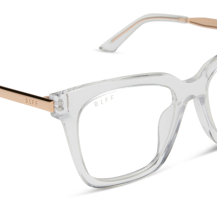 diff eyewear featuring the bella square prescription glasses with a clear crystal with gold frame detailed view