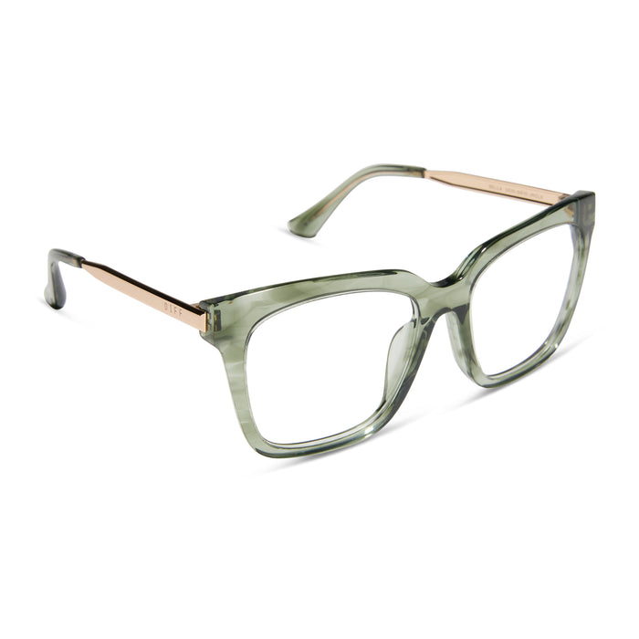 diff eyewear featuring the bella square blue light glasses with a cool matcha frame angled view