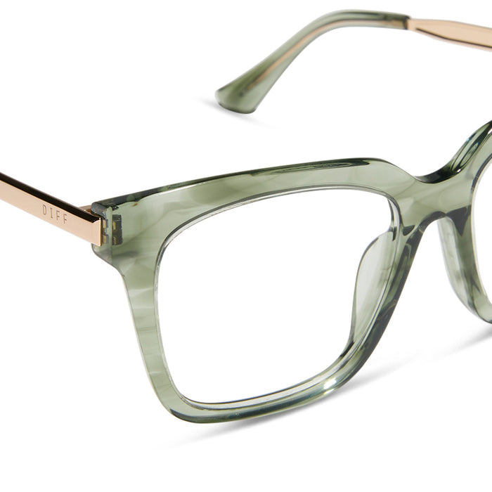 diff eyewear featuring the bella square blue light glasses with a cool matcha frame detailed view