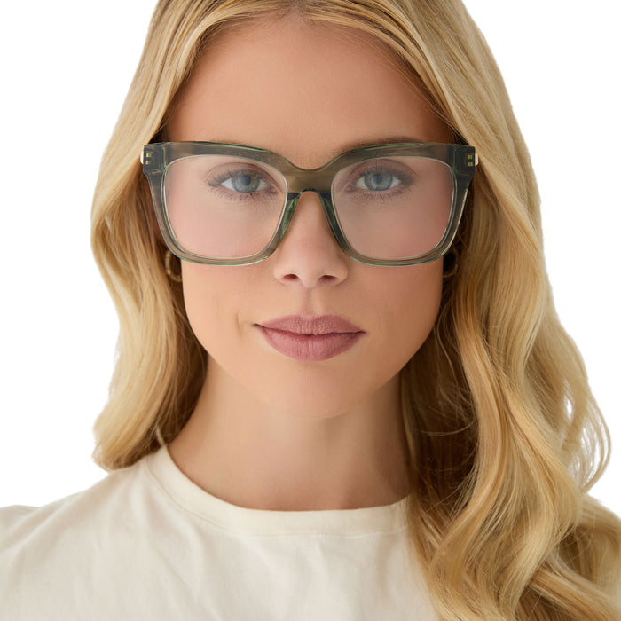 on model - female wearing diff eyewear featuring the bella square prescription glasses with a cool matcha green frame front view