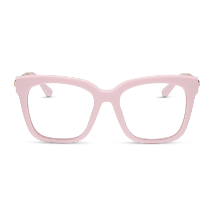 diff eyewear featuring the bella square prescription glasses with a powder pink with gold frame front view