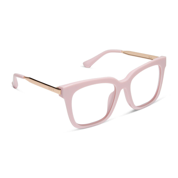 diff eyewear featuring the bella square prescription glasses with a powder pink with gold frame angled view